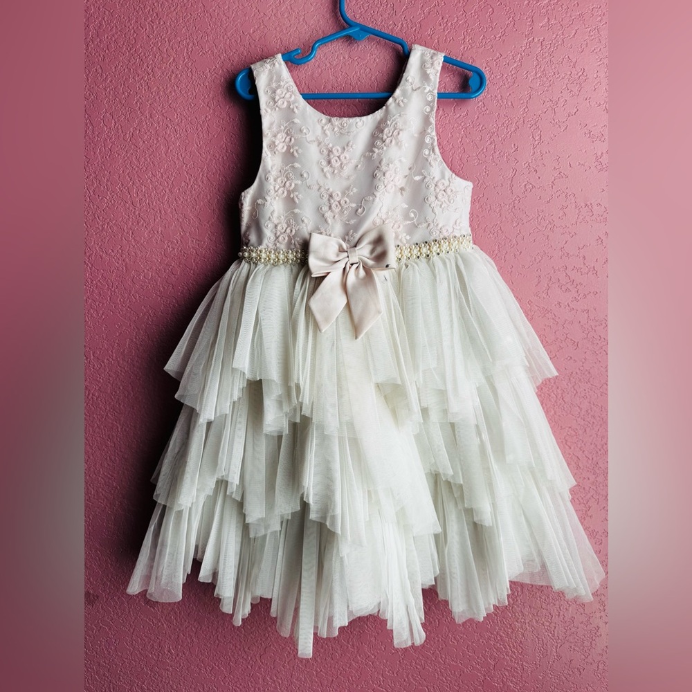 SAS Ivory Layered Kids Dress with Floral Bodice